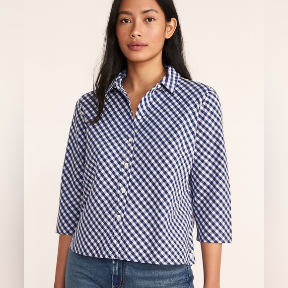 Abercrombie & Fitch Women’s S Blue White Gingham Button Down Shirt 3/4 Sleeve - Picture 1 of 8